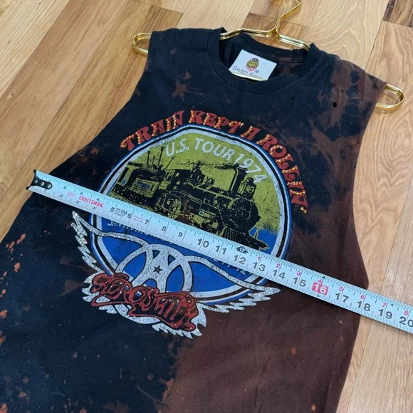 1974 Vintage Aerosmith Distressed + Embellished Black and Orange Medium Tank T9 - Picture 8 of 10
